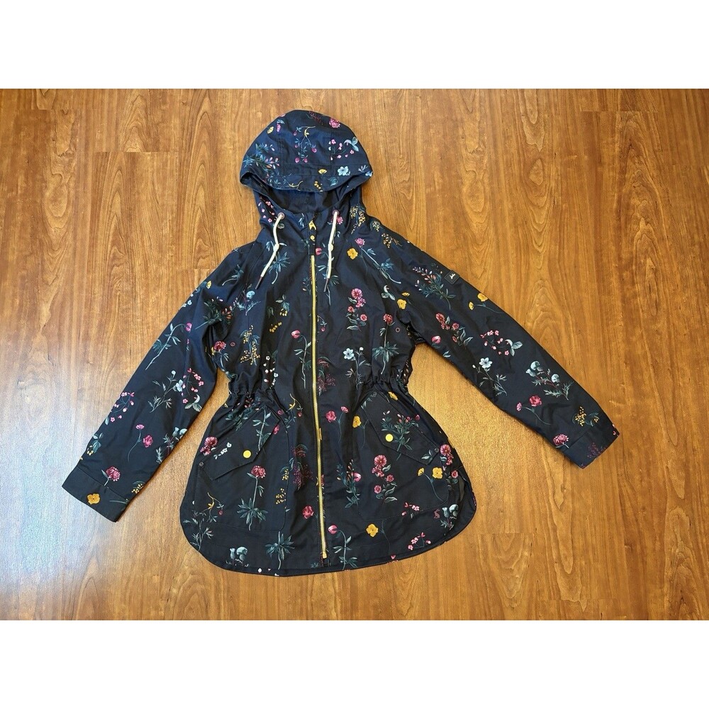 Joules Printed Shoreside Floral Raincoat Jacket Womens US 8 Navy Blue Hooded